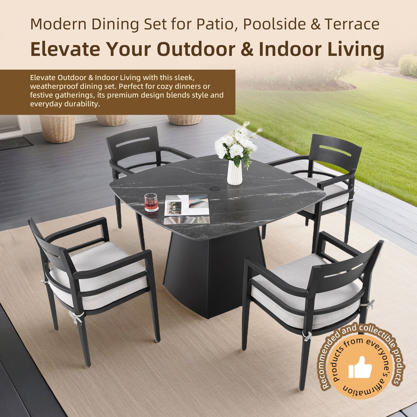 Outdoor Patio Dining Set, Squircle Dining Table, Dining Chairs With Sunbrella Cushions