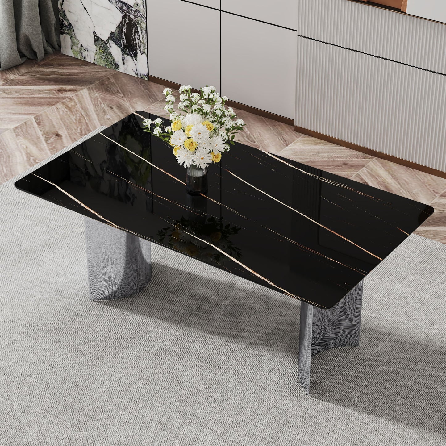 Modern Minimalist Dining Table With Imitation Marble Glass Desktop And Metal Legs