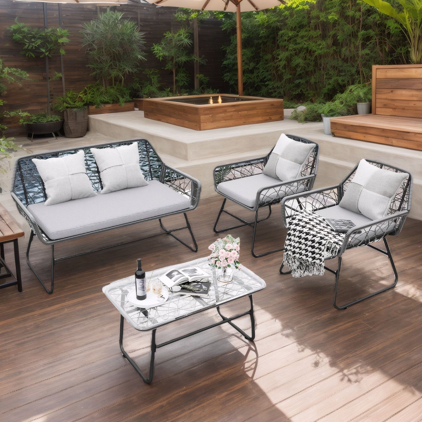 4 Piece Wicker Patio Furniture Set With Tempered Glass Table And Detachable Cushions