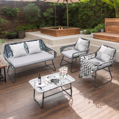 4 Piece Wicker Patio Furniture Set With Tempered Glass Table And Detachable Cushions