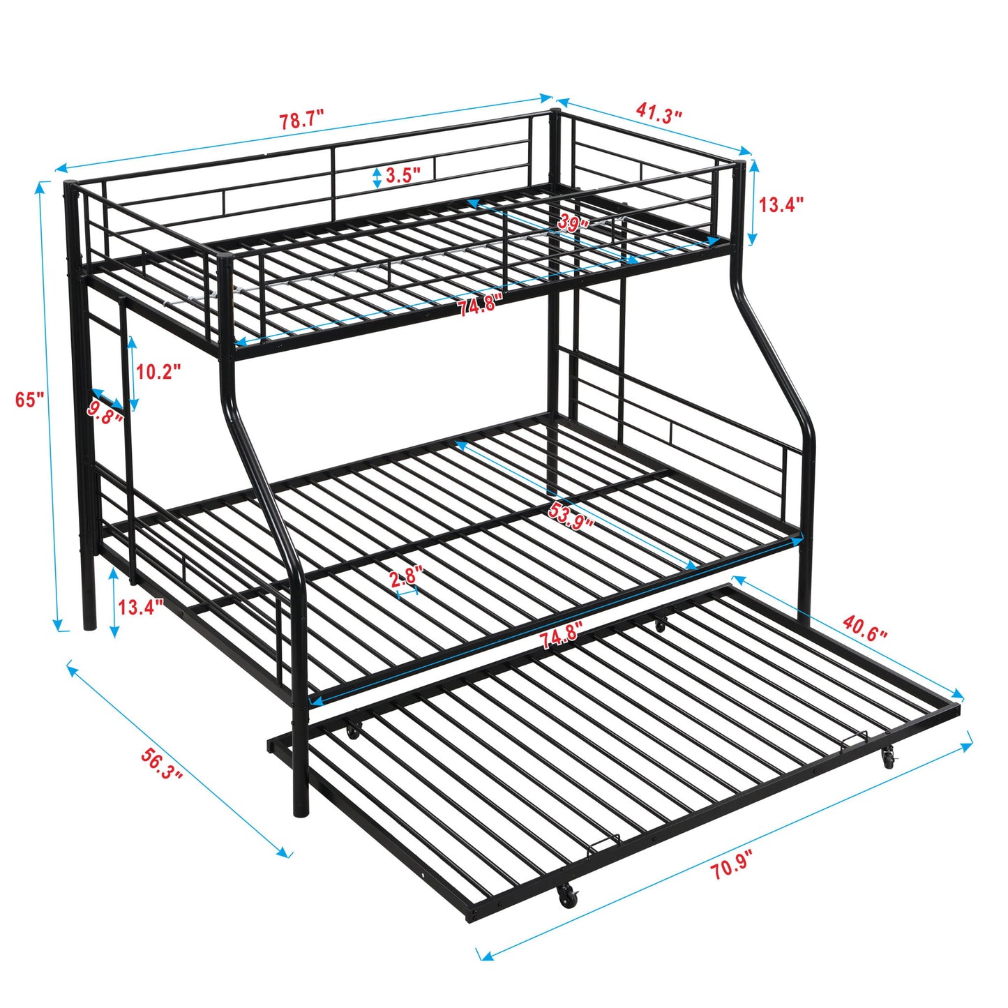 Twin Over Full Modern Metal Bunk Bed With Trundle - Black
