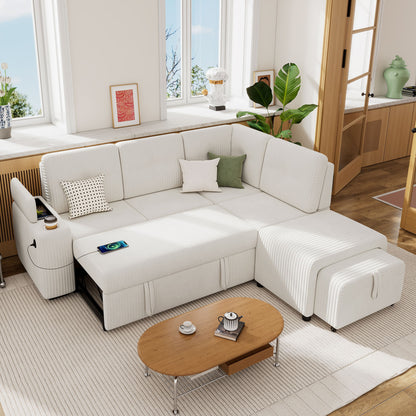 Pull-Out L-Shaped Sectional Sofa With Movable Ottoman And Stool, Large Storage Space, A Cup Holder, And 2 USB Ports For Living Room