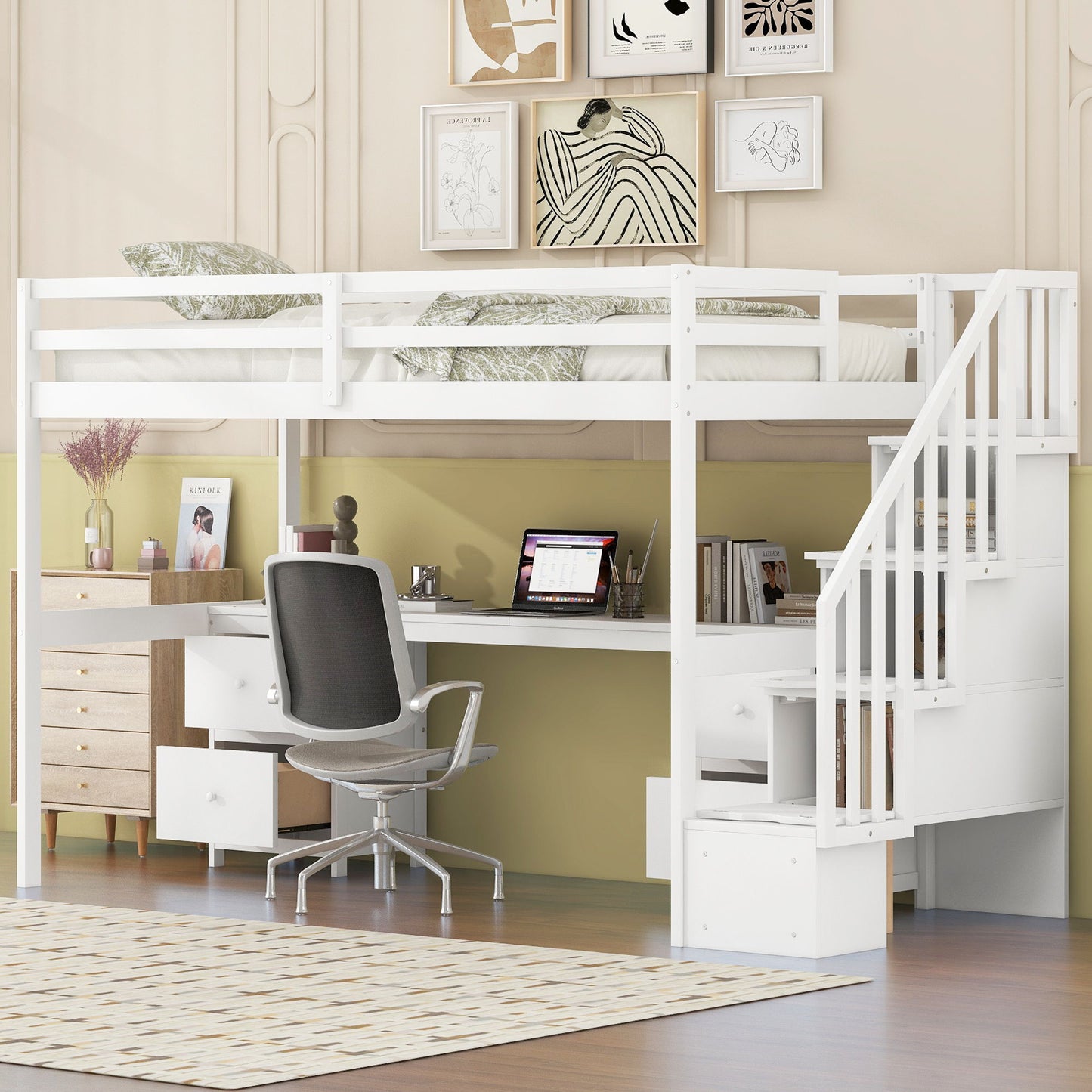 Loft Bed Frame With Built In Desk And Double Storage Drawers