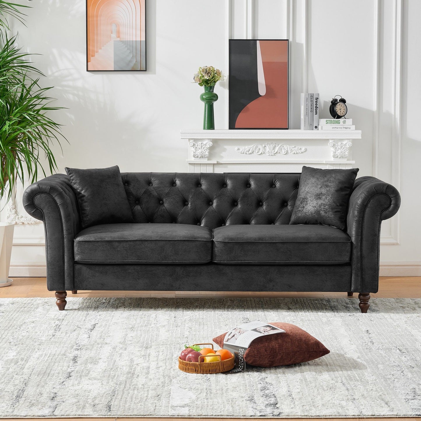 Chesterfield Sofa, High Tech Fabric Roll Armrest, 3 Seater Mid Century Modern Couch - Black