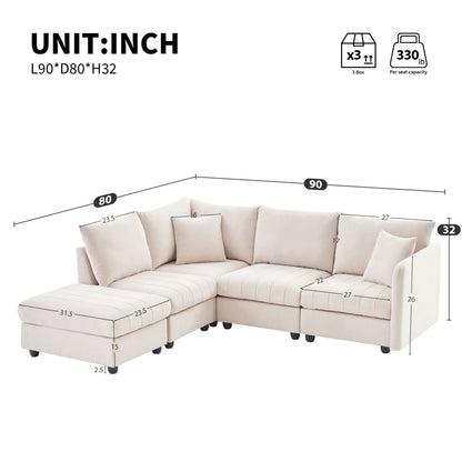 Modern Sectional Sofa With Vertical Stripes, 2 Pillows, 5 Seat Couch With Convertible Ottoman, Various Combinations, L-Shape Indoor Furniture For Living Room