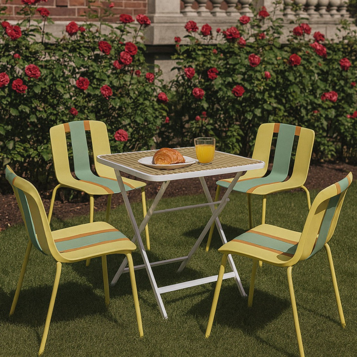 4 Piece Set Of Modern Striped Single Chairs With Folding Square Table