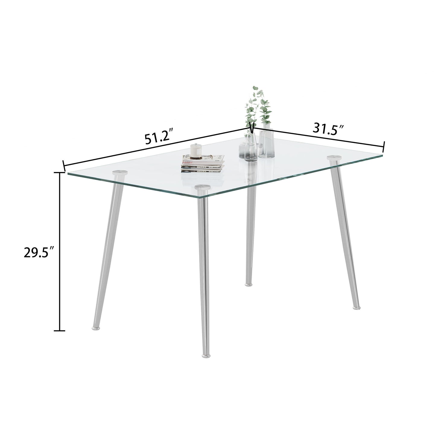 Thick Tempered Glass Top Dining Table & Stainless Steel Legs - Silver