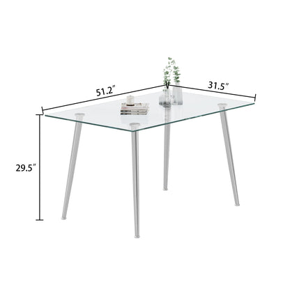 Thick Tempered Glass Top Dining Table & Stainless Steel Legs - Silver