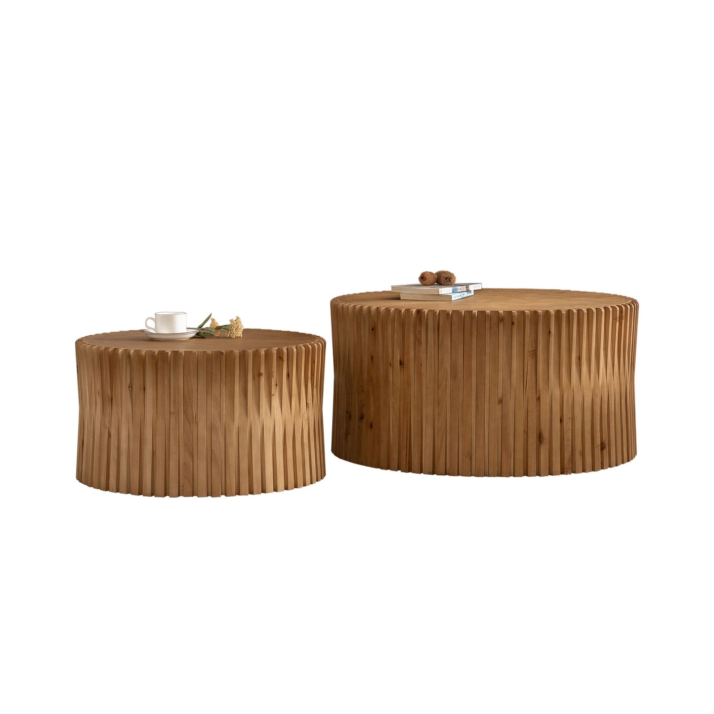 Vintage Fashion Style Cylindrical Nesting Coffee Table Set With Vertical Textured Embossed Design - Natural