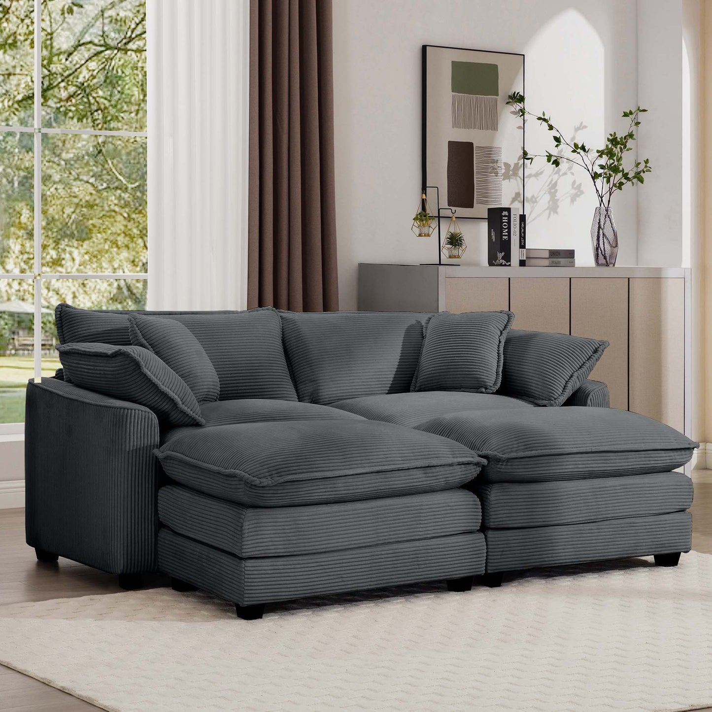 Modern Oversized Modular Cushion Sofa With Ottoman, Low Back, Deep Seating Sofa Set