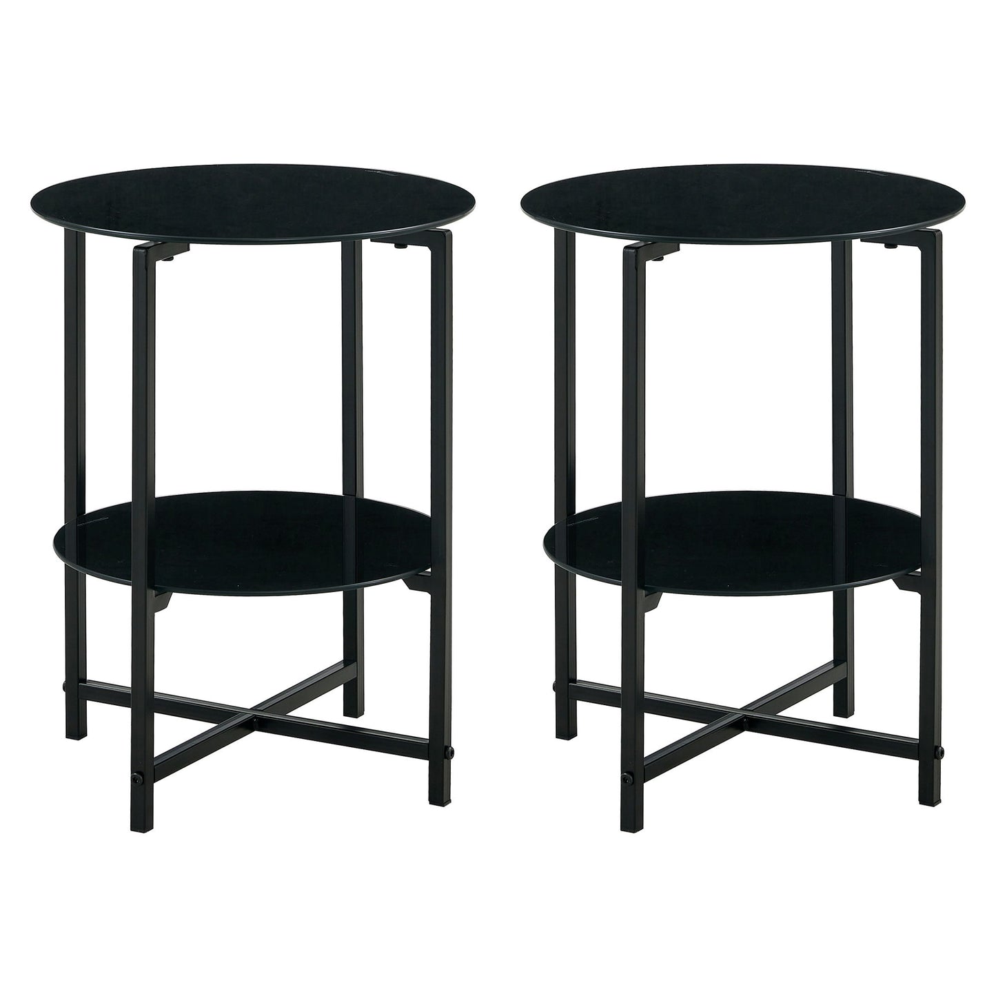 JWS Tempered Glass End Table (Set of 2), Round Coffee Table For Bedroom Living Room Office - Black