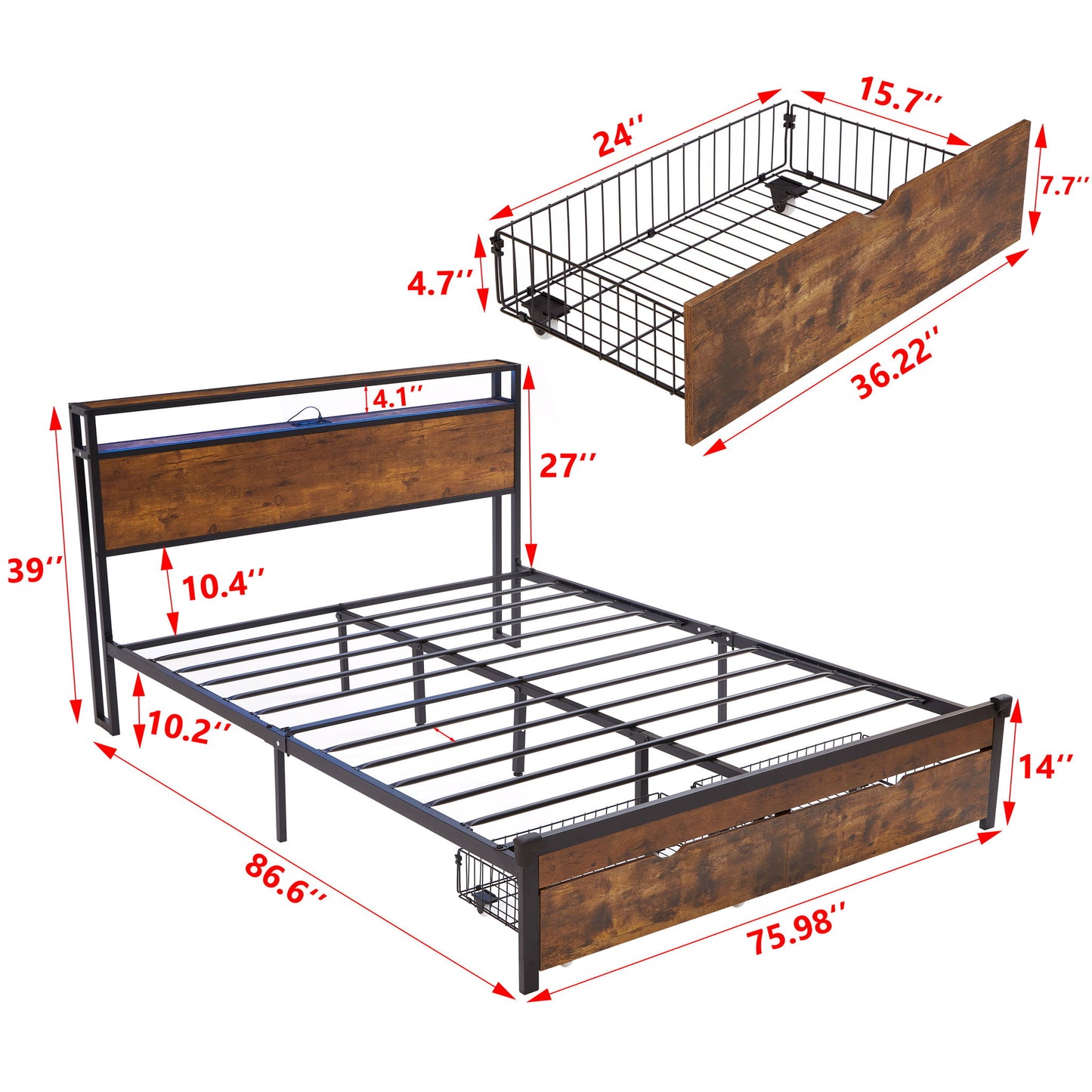 Modern Metal Platform Bed Frame With Wooden Headboard, USB Charging, LED Lights, And Storage