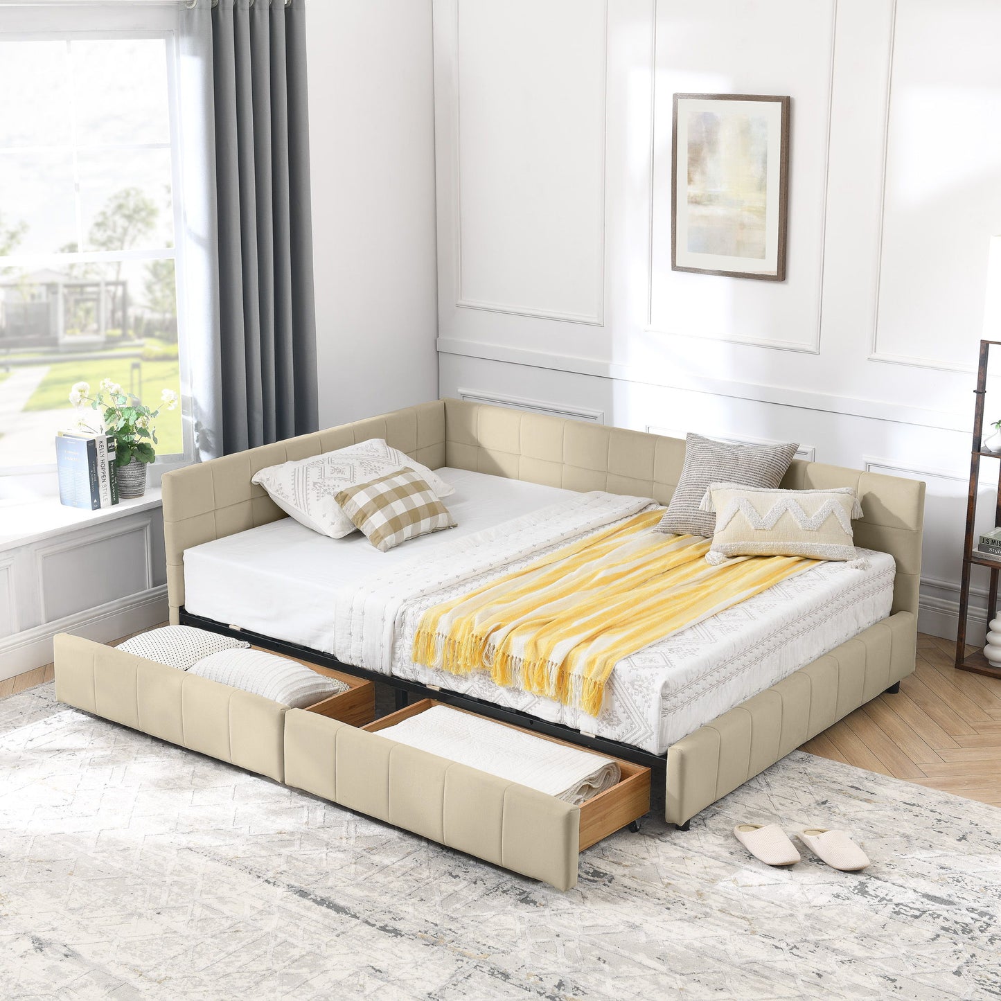 Mid-Century Storage Upholstered Tufted Bed Frame With Backrest And Armrests