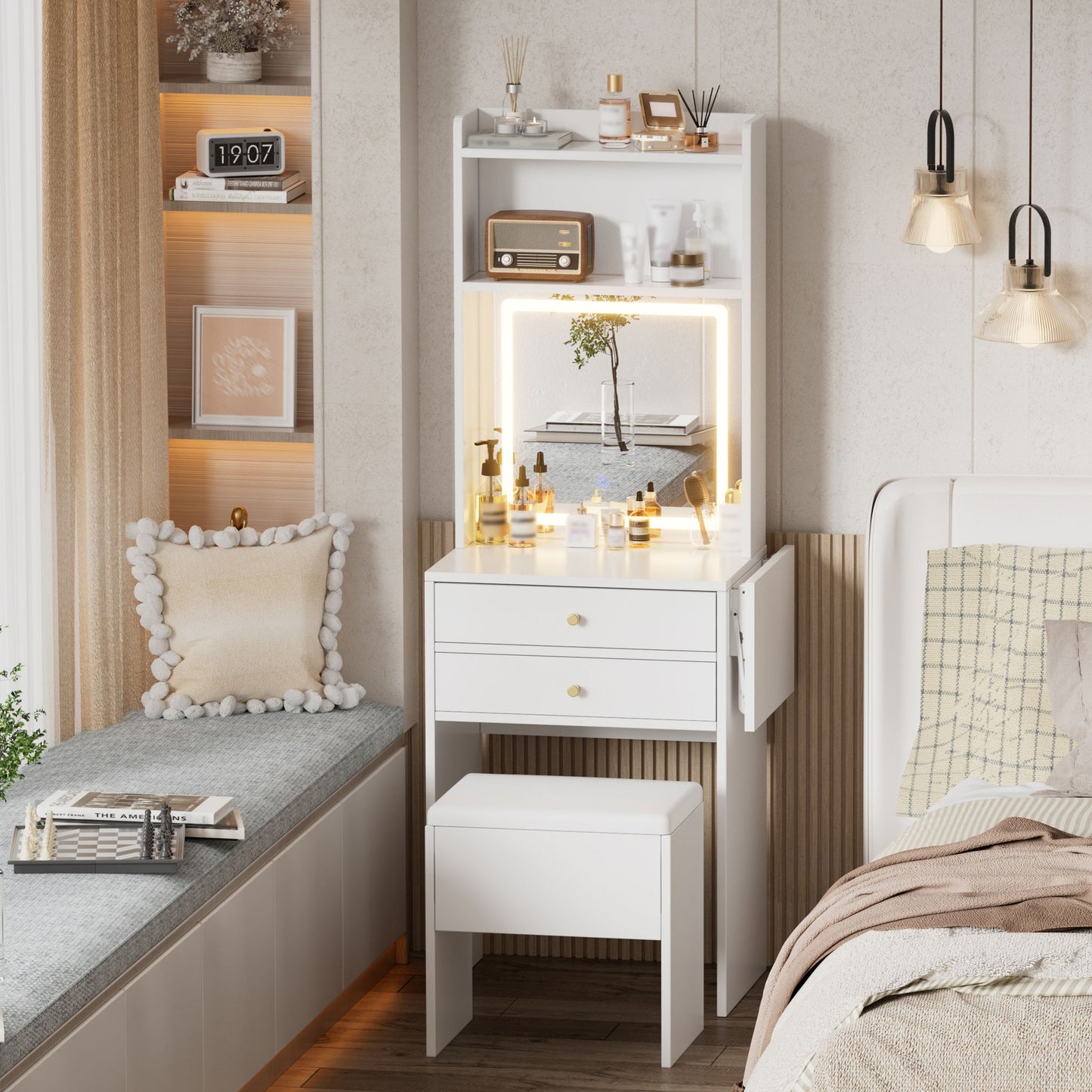 Contemporary Small Space Vanity Table Set With Adjustable Lighted Mirror And Storage Chair - White