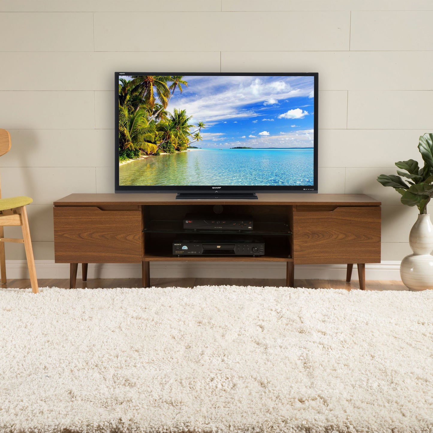 Modern TV Stand With Storage, Tempered Glass Shelf - Walnut