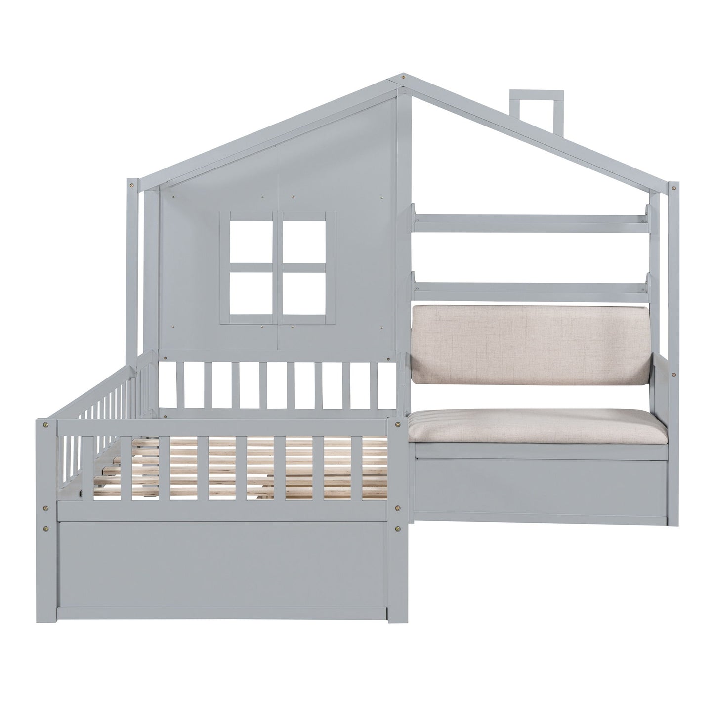 House Bed With Sofa, Kids Platform Bed With 2 Drawers And Storage Shelf
