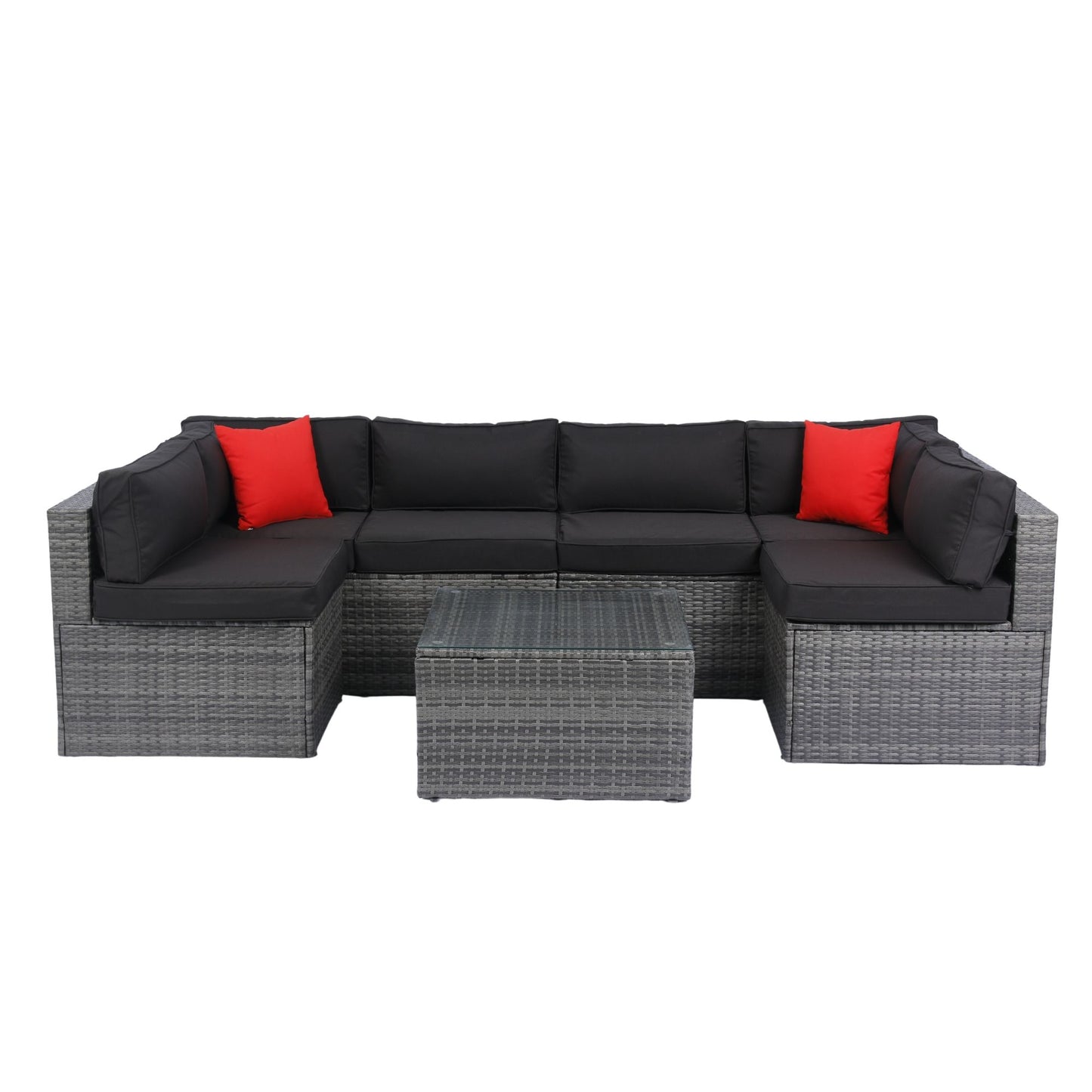 5 Pieces Rattan Sectional Outdoor Furniture Cushioned U Sof Set With 2 Pillow - Gray / Black