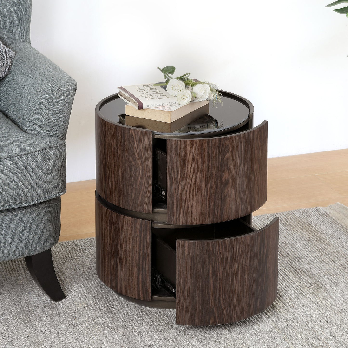 Elegant Italian High Grade Double Layer Storage Round Side Table - Brown / Black