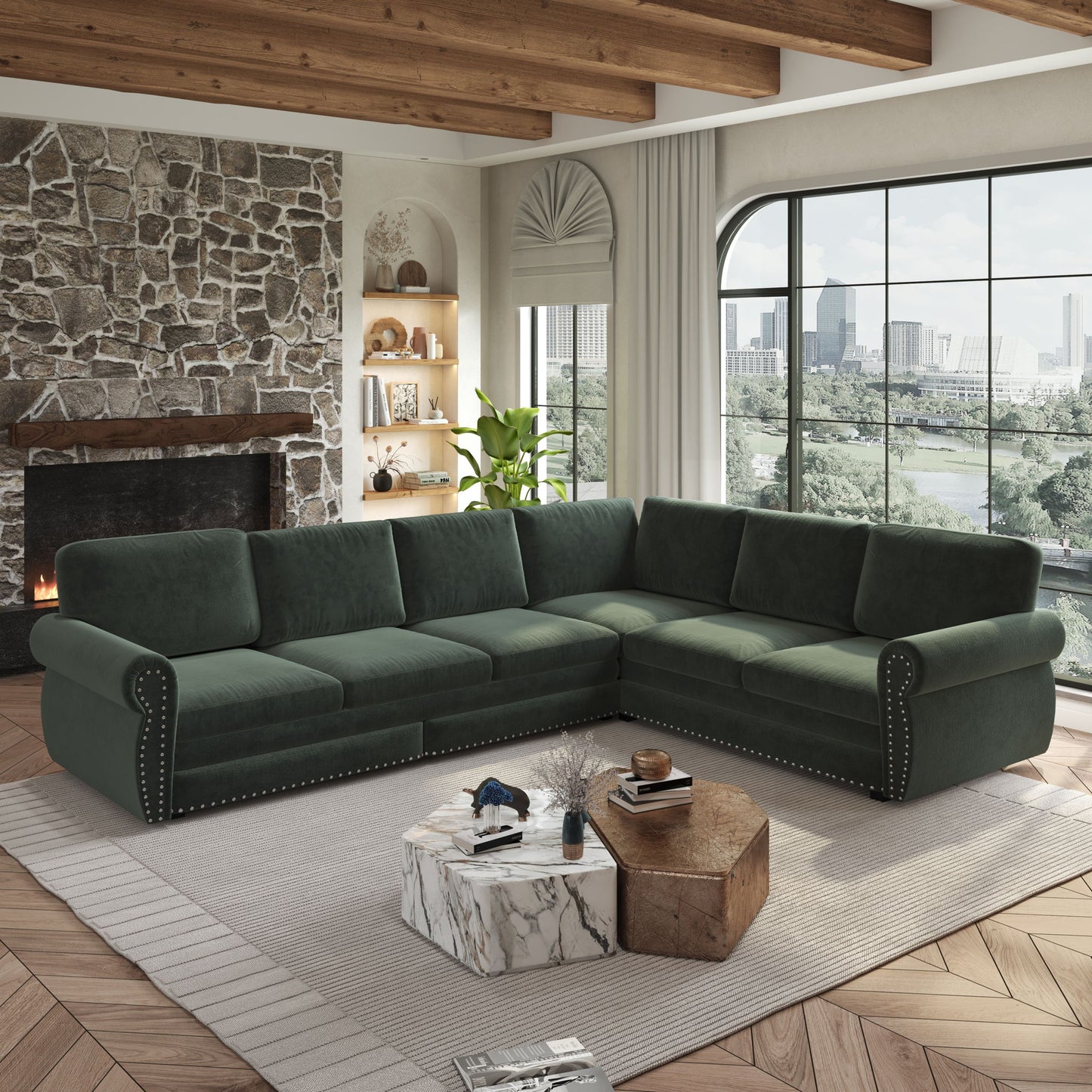 L-Shaped Sofa Couch With Pull Out Bed With Nailhead Trim & Rolled Arm