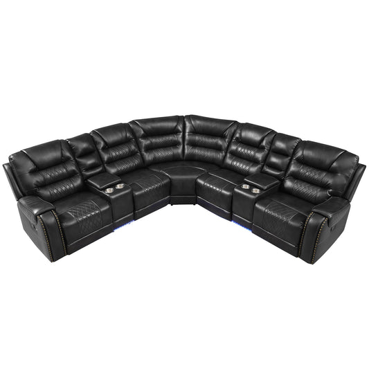 Manual Reclining Sectional Sofa Set, L Shaped Symmetrical Motion Sofa Corner Couch Sets With Storage Boxes, 4 Cup Holders And LED Light Strip For Living Room