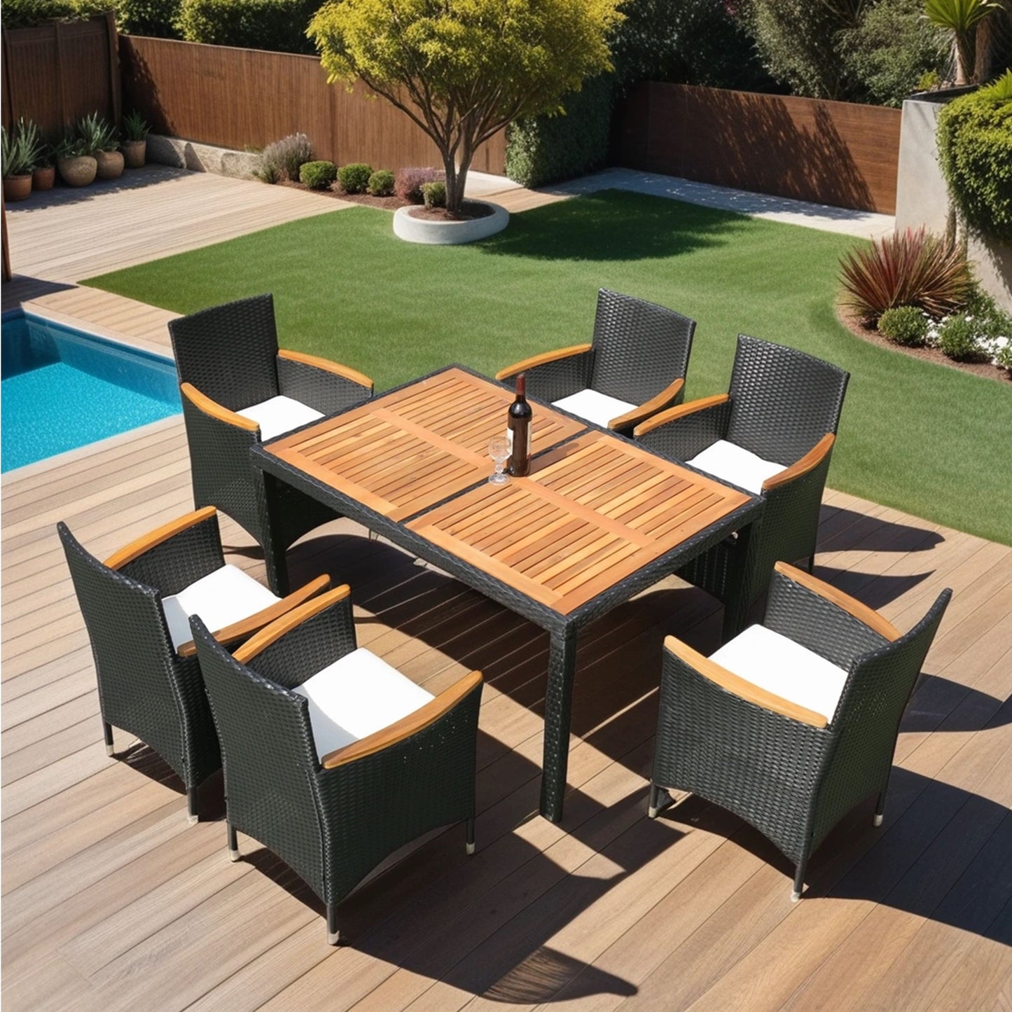 Outdoor Patio Wicker Dining Set With Acacia Wood Top