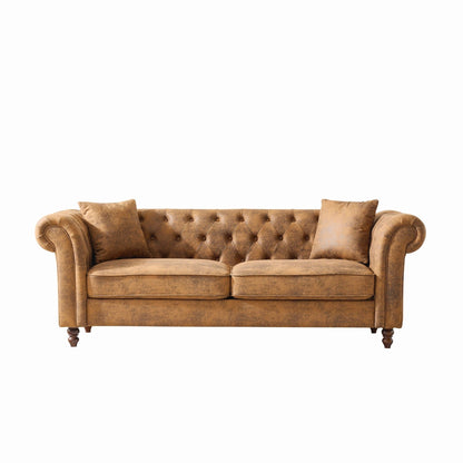 Chesterfield Sofa, High Roll Armrest Sofa, Upholstered Mid Century Modern Couch, 3 Seater Couch - Brown
