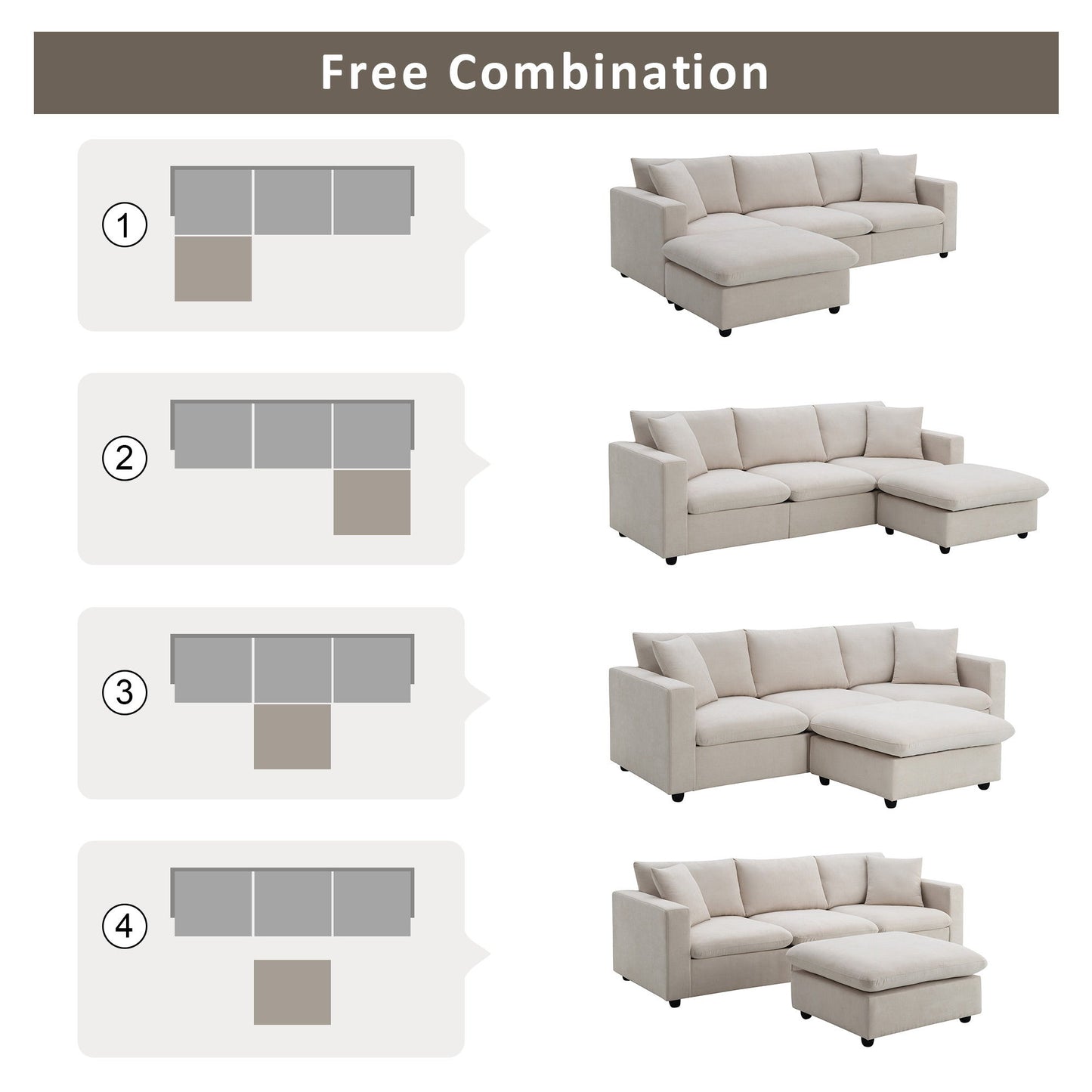 Modern Sectional Sofa With Throw Pillows, Cloud L Shaped Couch Set With Wide 4 Seat Comfy Couch Set With Movable Ottoman