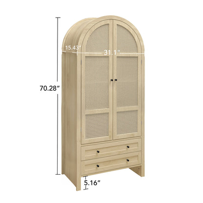 Tall Arched Kitchen Pantry, Arched Storage Display Cabinet With 2 Drawers & Adjustable Shelves, Rattan Door Versatile Storage Cabinet For Kitchen, Dining Room, Living Room - Natural