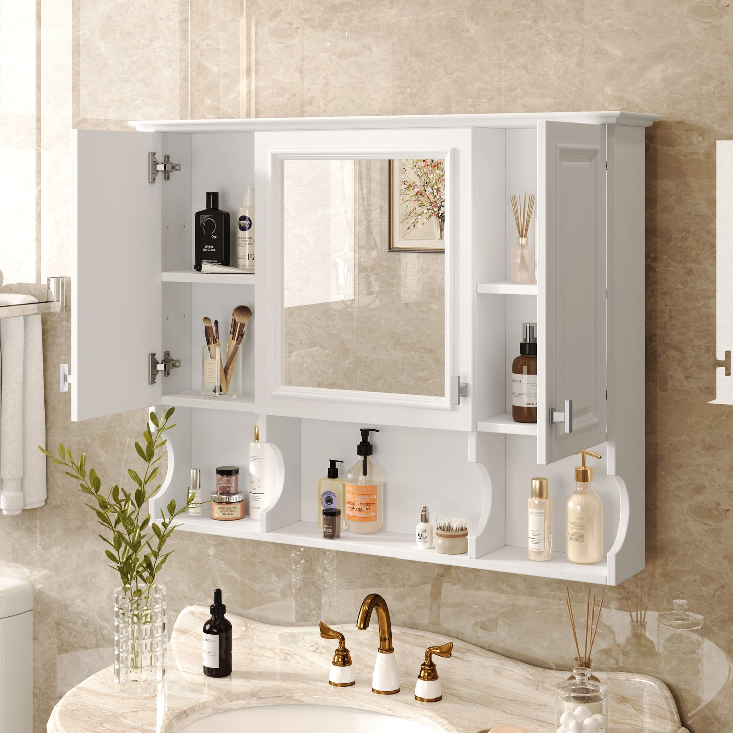 Wall Mounted Bathroom Medicine Wall Cabinet With Mirror & Open Shelves