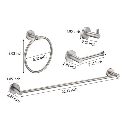 Bathroom Set 4 Pack With Towel Bar Racks, Toilet Paper Holder, Ring, Hook, Stainless Steel - Brushed Nickel