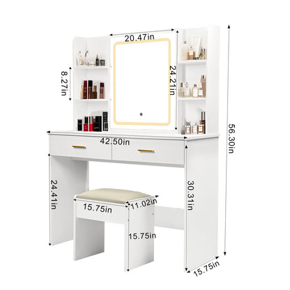 Vanity Desk With Mirror And LED Lights 3 Lighting Modes And Power Outlet 2 Spacious Drawers And Stool - White