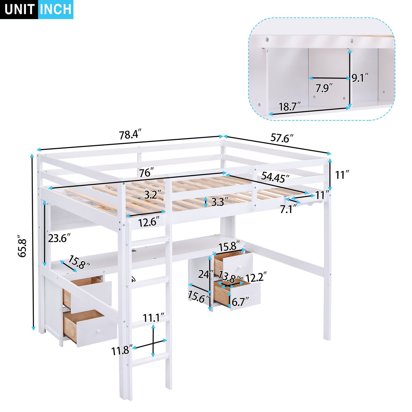 Loft Bed With Desk, Cabinets, Drawers, Charging Station And Bedside Tray