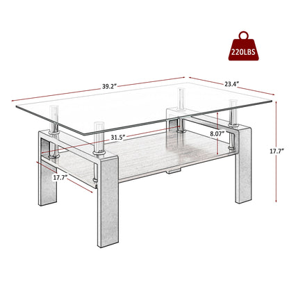 Modern Rectangular Coffee Table With Tempered Glass Top Layer, Table For Living Room - Transparent