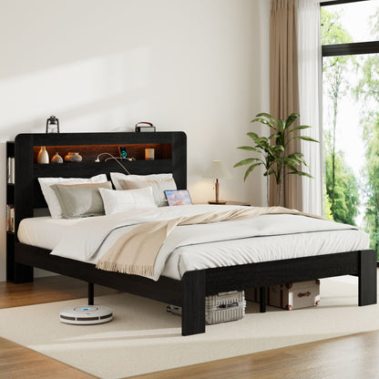 Wood Platform Bed Frame With Storage LED Light Headboard & USB