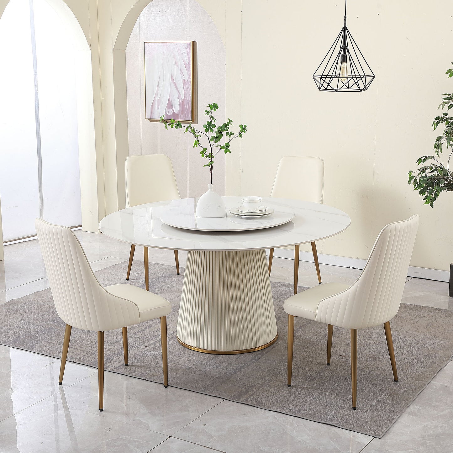 Modern Sintered Stone Dining Table With Round Turntable, Wood And Metal Pedestal, 8 Chairs - White