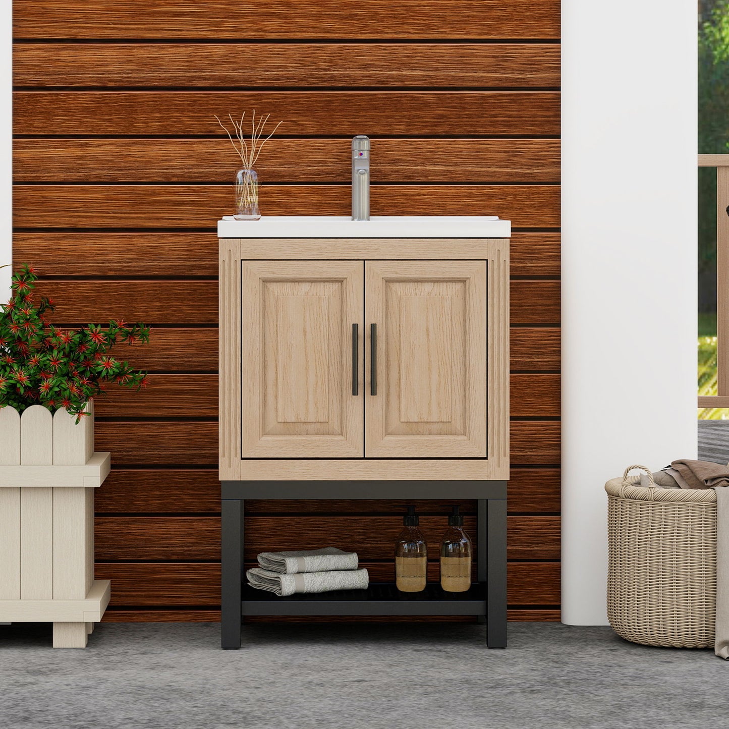 Modern Freestanding Bathroom Vanity With Ceramic Sink, Hot And Cold Faucet, Storage Cabinet & Open Shelf