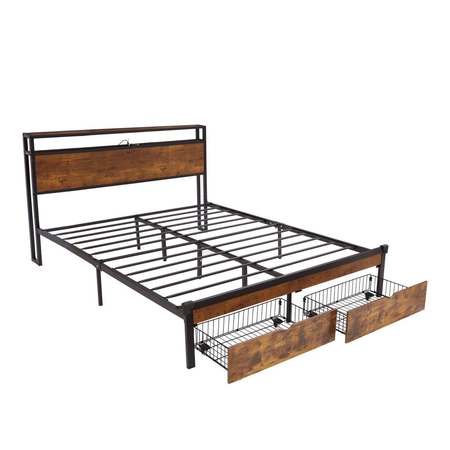 Modern Metal Platform Bed Frame With Wooden Headboard, USB Charging, LED Lights, And Storage