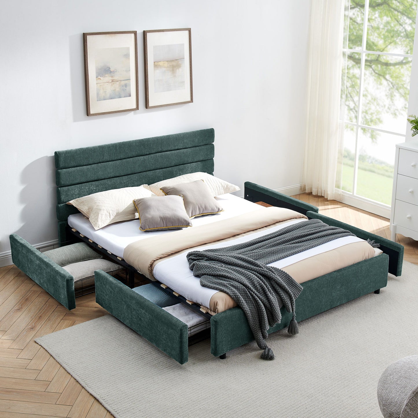 Modern Cushioned Bed Frame With Headboard And Drawers