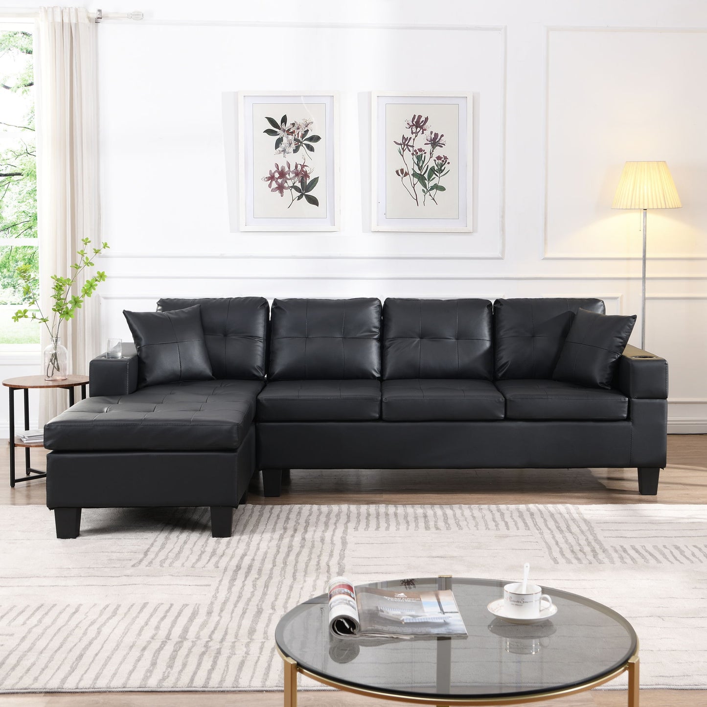 Modern Sectional Sofa Set With Chaise Lounge And Cup Holder