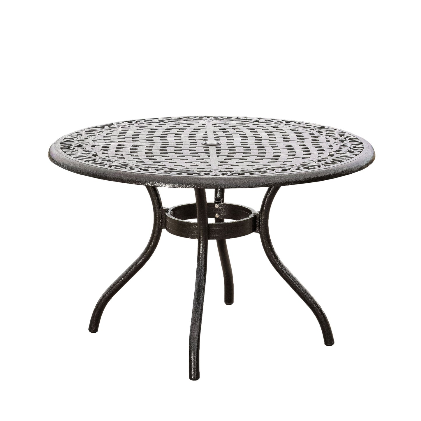 Tranquilius - Outdoor Round Dining Table With Lattice Tabletop, Umbrella Hole And Curved Legs