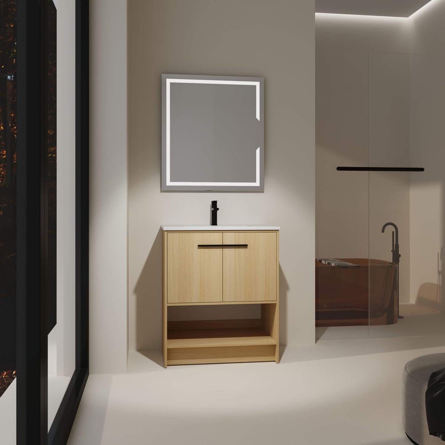 Modern Bathroom Vanity With Ceramic Sink, Freestanding Cabinet, Soft Closing Doors