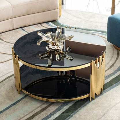 Elegant Round Table With Double Layer Tempered Glass Top And Stainless Steel Frame For Living Room