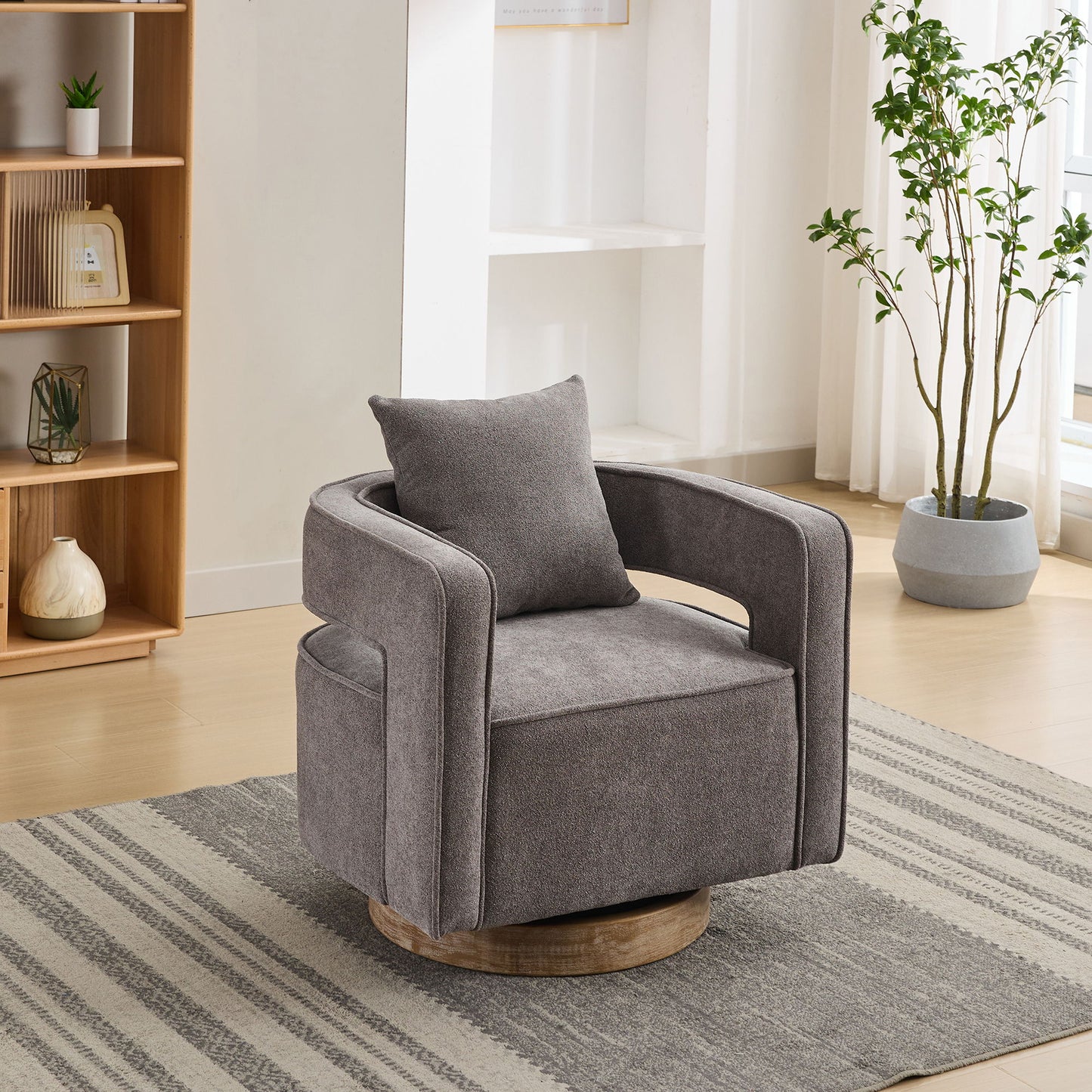 Swivel Accent Open Back Barrel Chair With Weathered Base
