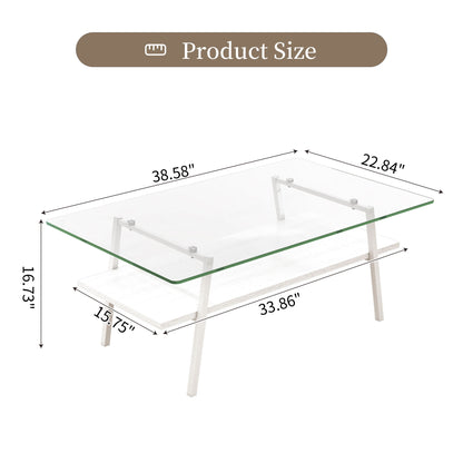 Rectangle Coffee Table, Tempered Glass Tabletop With Metal Legs, Modern Table For Living Room
