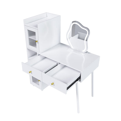 Vanity Dressing Table With LED Mirror & Storage Makeup Desk With 3 Drawers, 2 Open Shelves & 4 Hidden Cabinets - White