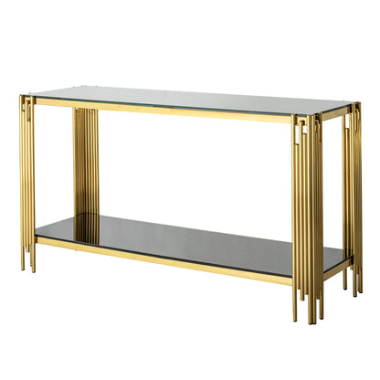 Modern Glass Top Mirror Stainless Steel Console Table For Living Room, Tempered Glass - Black / Gold