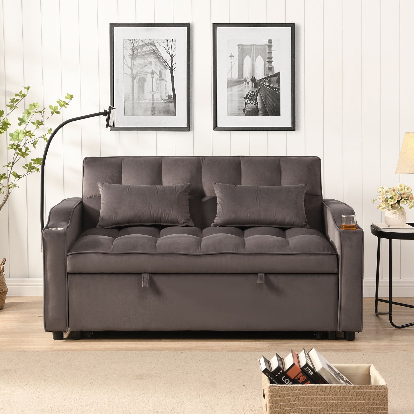 Modern Velvet Loveseat Futon Sofa With Pullout Bed, Adjustable Reclining Backrest, Toss Pillows
