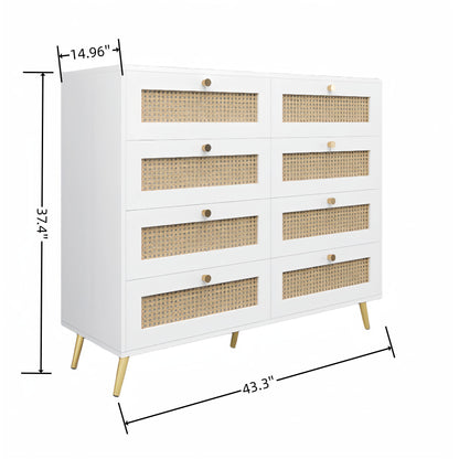 8 Drawers Chest Of Drawers With Rattan Drawer Face Golden Legs And Handles - White