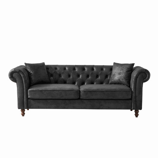 Chesterfield Sofa, High Tech Fabric Roll Armrest, 3 Seater Mid Century Modern Couch - Black