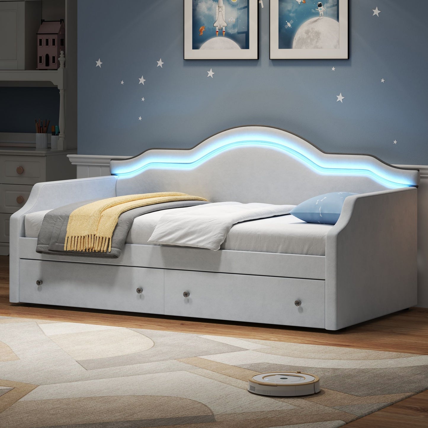 Upholstered Daybed With LED Lights And 2 Drawersme